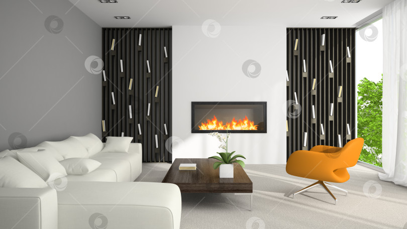 Скачать Interior of modern room with fireplace 3D rendering фотосток Ozero