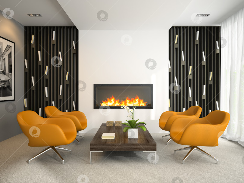 Скачать Interior of modern room with orange armchairs 3D rendering 2 фотосток Ozero