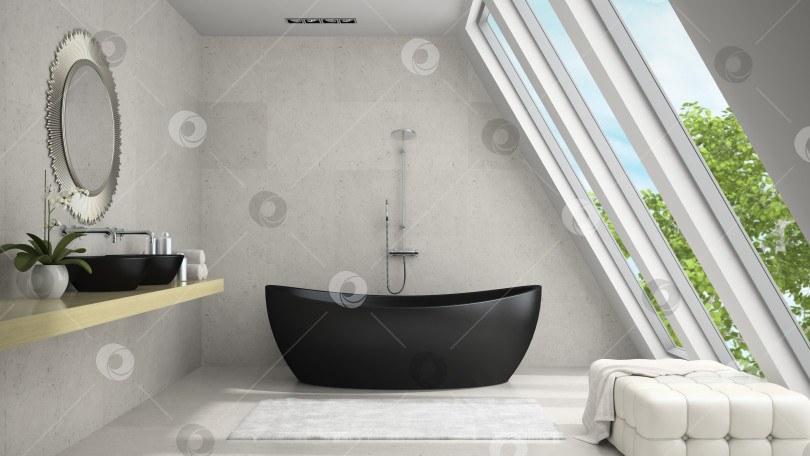 Скачать Interior of mansard badroom with round mirror 3D rendering 2 фотосток Ozero