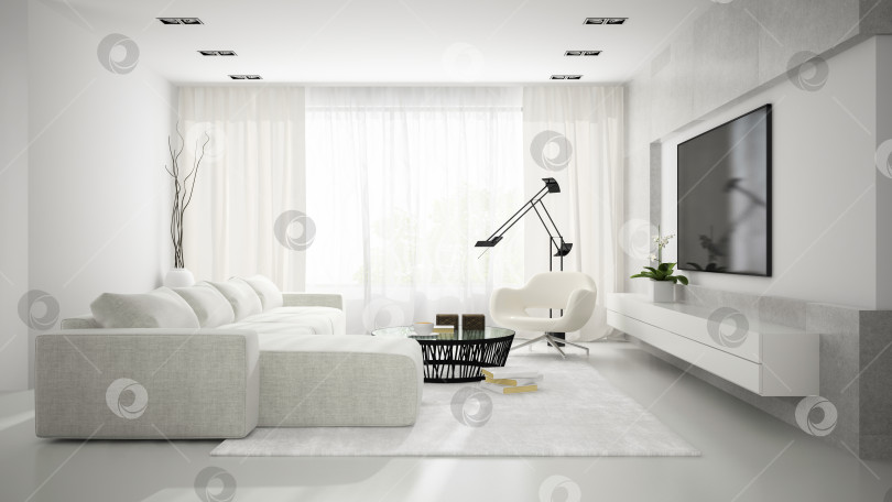 Скачать Interior of stylish modern room  with white sofa 3D rendering фотосток Ozero