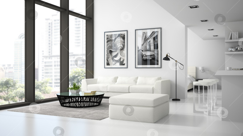 Скачать Interior of the modern design  loft  white color 3D rendering фотосток Ozero