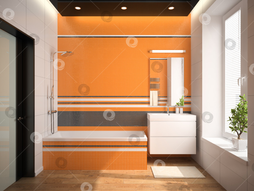 Скачать Интерьер ванной комнаты с оранжевой стеной 3D рендеринг 2 фотосток Ozero
