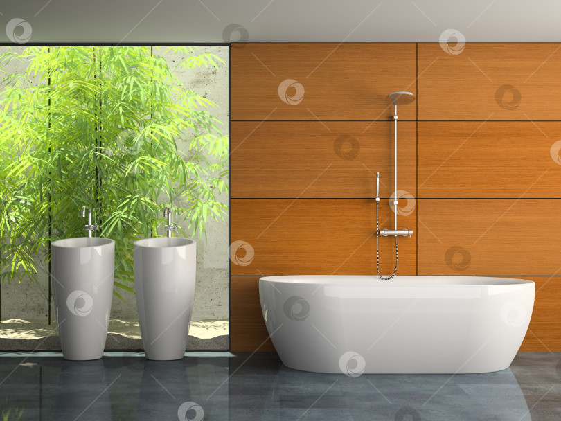 Скачать Интерьер ванной комнаты с растениями 3D рендеринг фотосток Ozero