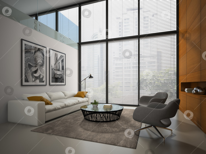 Скачать Interior of the room with wooden panel wall 3D rendering 3 фотосток Ozero