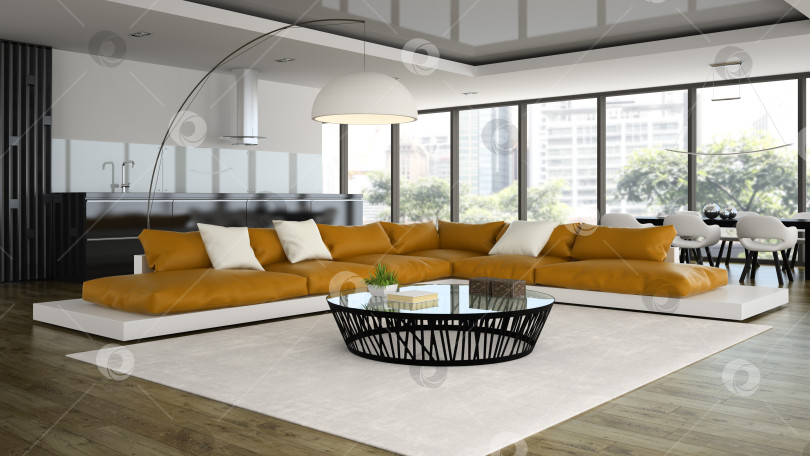 Скачать Interior modern design loft with orange sofa 3D rendering фотосток Ozero