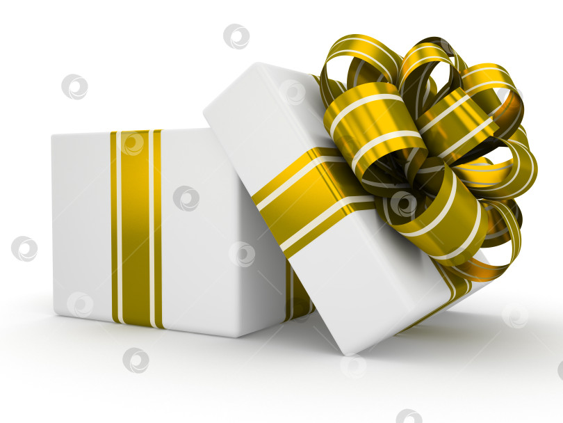 Скачать Open white gift box with gold bow isolated on white background 8 фотосток Ozero