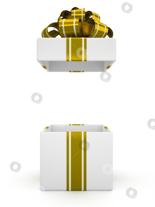 Скачать Открытая белая подарочная коробка с золотым бантом, выделенным на белом фоне 6 фотосток Ozero