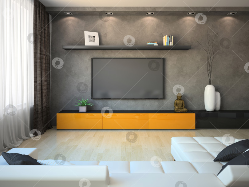 Скачать Современный интерьер с оранжевым шкафом и телевизором фотосток Ozero