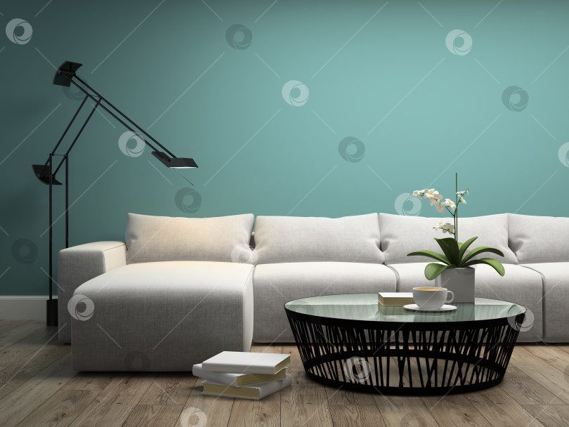 Скачать Часть интерьера с белым диваном и 3d-рендерингом орхидеи фотосток Ozero