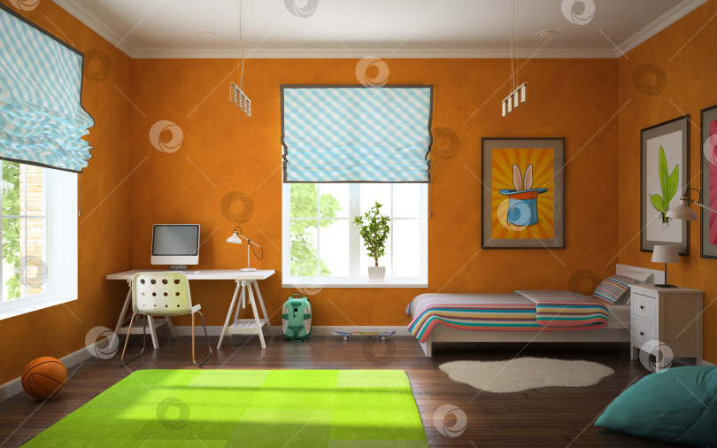 Скачать Часть интерьера современной детской комнаты с оранжевыми стенами фотосток Ozero