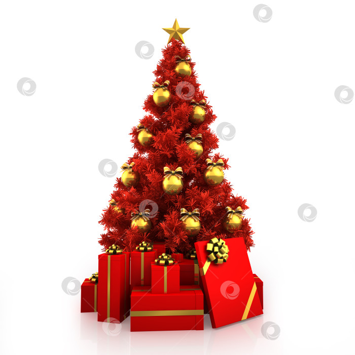 Скачать Красная рождественская елка с золотым декором на белом фоне фотосток Ozero