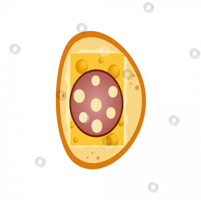 Скачать Бутерброд с сыром, маслом и колбасой на батоне хлеба. Рисование кулинарии, фаст-фуда и нездоровой пищи. Вкусный горячий бутерброд с беконом. Я готовлю на кухне. Логотип кафе, ресторана или столовой. фотосток Ozero