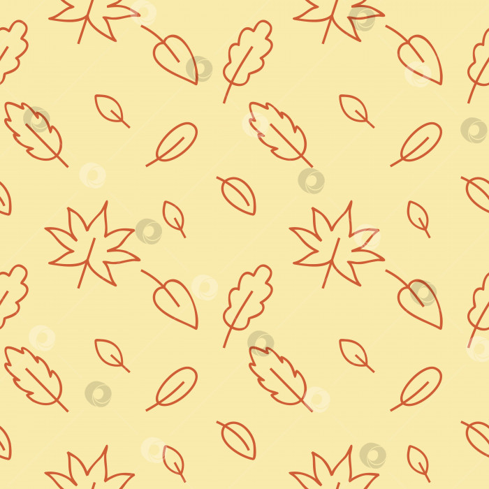 Скачать Бесшовный желтый осенний узор с дубовыми, березовыми, кленовыми и древесными листьями. Бесконечный фон для веб-страниц, текстиля, одежды, обоев. Праздник в стиле каракулей. Векторный контурный рисунок фотосток Ozero