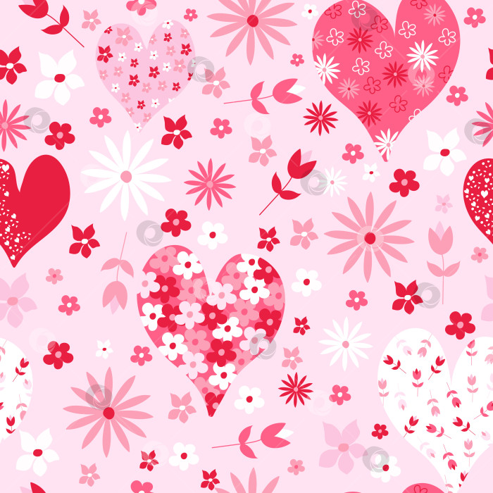 Скачать Бесшовный узор с сердечками и цветами в розовых тонах. Цветочный дизайн ко Дню Святого Валентина. фотосток Ozero