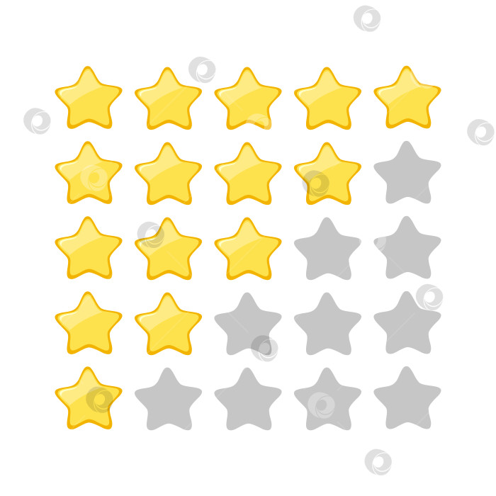 Скачать Рейтинг продукта или отзыв клиента с золотыми звездами для приложений и веб-сайтов. Шкала звезд рейтинга на светлом фоне. фотосток Ozero
