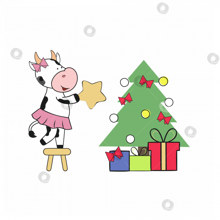 Скачать Симпатичная корова в юбке украшает рождественскую елку звездой, игрушками и елочными шарами. Векторная иллюстрация мультфильма к Рождеству и Новому году. Символом 2021 года является Белый бык. фотосток Ozero