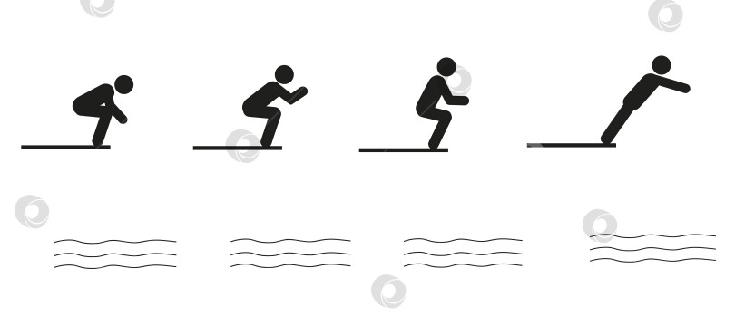 Скачать Набор различных поз человека, прыгающего в бассейн. Плоская векторная иллюстрация, пиктограмма фотосток Ozero