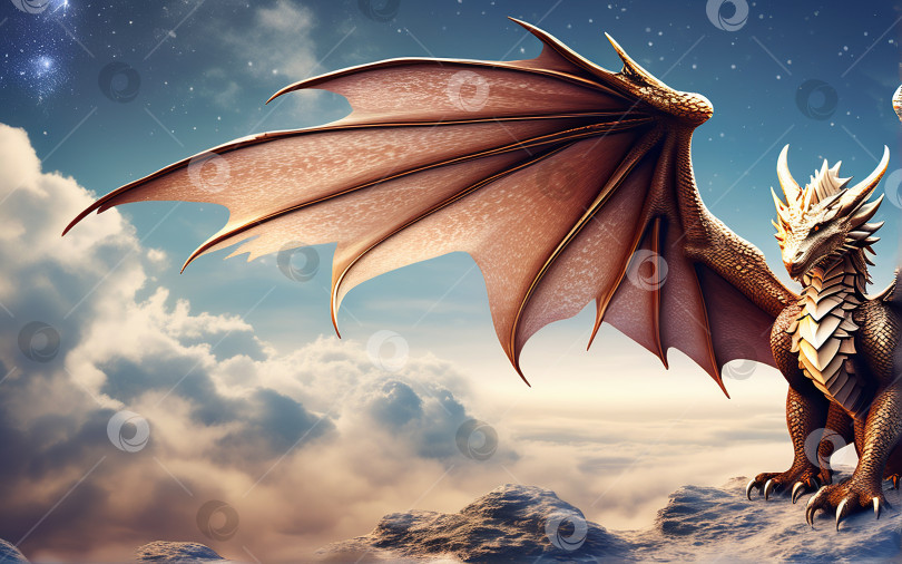 Скачать Дракон с крыльями на вершине горы, символ 2024 года по китайскому календарю. Год дракона. Изображение с пробелом для текста и местом для копирования фотосток Ozero