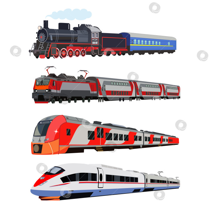 Скачать Набор изображений различных поездов российских железных дорог. Векторное изображение, выделенное на белом фоне фотосток Ozero