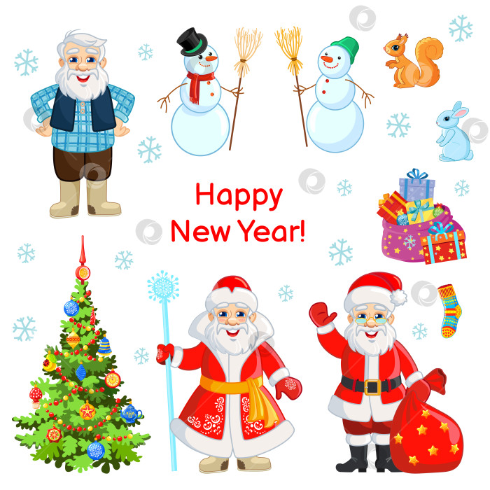 Скачать Новогодний и рождественский векторный набор с традиционными персонажами: Дед Мороз, Санта-Клаус, снеговик, рождественская елка, сумка с подарками и милые зверушки. фотосток Ozero