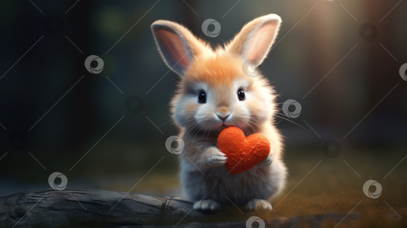 Скачать Милый пушистый кролик, обнимающий красное сердечко. Поздравление с Днем Святого Валентина от романтичного кролика, держащего сердечко. Генеративный искусственный интеллект. фотосток Ozero
