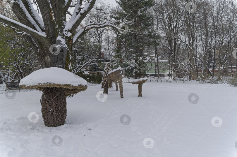 Скачать Забавные парковые скульптуры (огромные грибы, сделанные из веток), покрытые снегом. фотосток Ozero