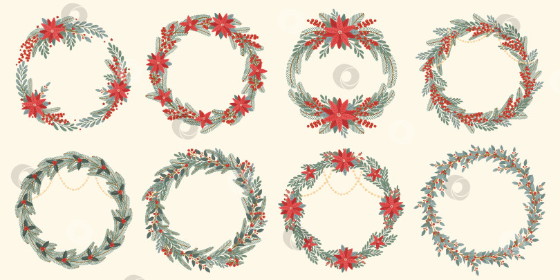 Скачать Установите элегантные рождественские венки на дверь в плоском рисованном стиле. Украшение для зимних праздников. Пуансеттия, остролист, ветки рождественской елки и ягоды. Элементы дизайна для открытки, плаката, приглашения, баннера фотосток Ozero