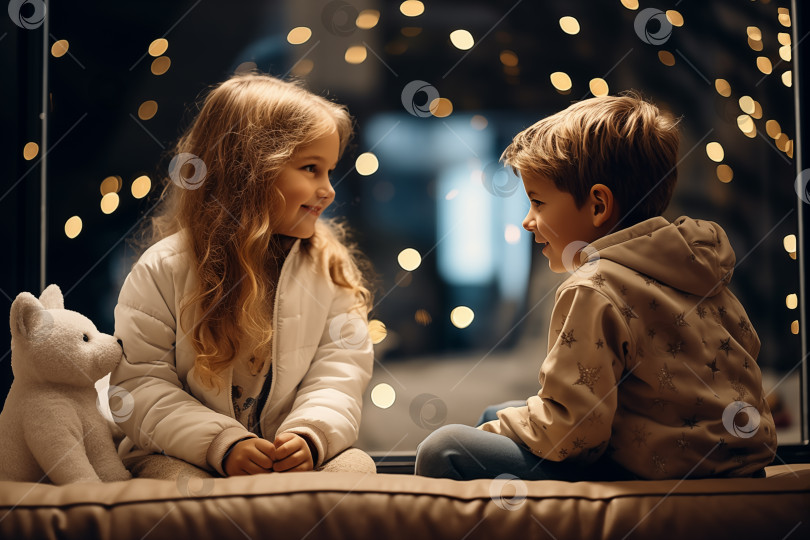 Скачать маленькие мальчик и девочка сидят на диване и общаются на праздничном новогоднем фоне фотосток Ozero