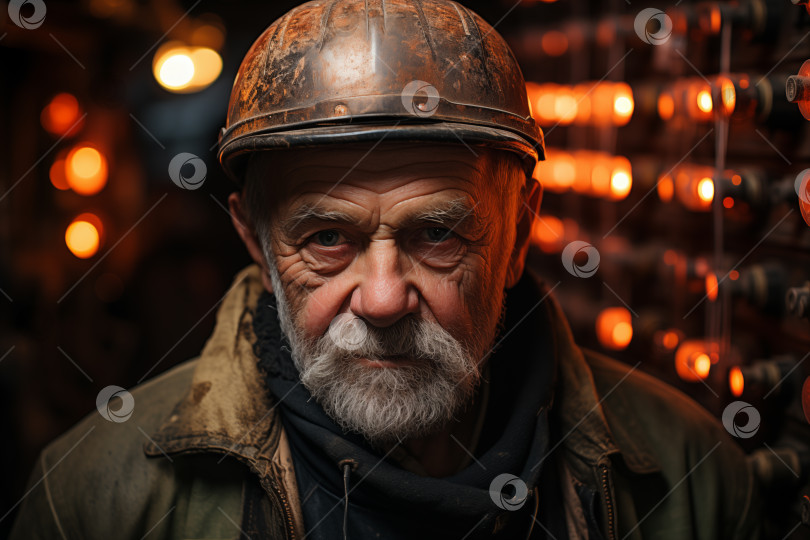 Скачать портрет пожилого мужчины-рабочего в каске на размытом промышленном фоне фотосток Ozero
