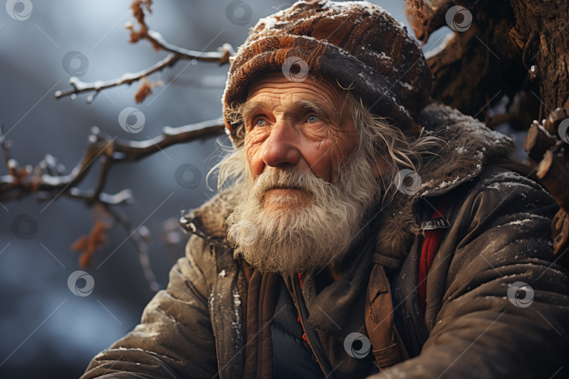 Скачать портрет деревенского старика на фоне заснеженного природного ландшафта фотосток Ozero