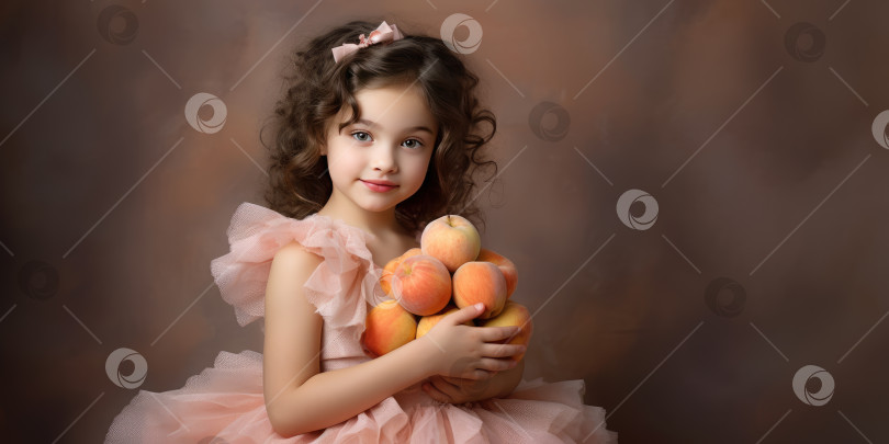 Скачать Поколение искусственного интеллекта. Красивая маленькая девочка в персиковом шифоновом платье со спелыми персиками. Цвет года. фотосток Ozero