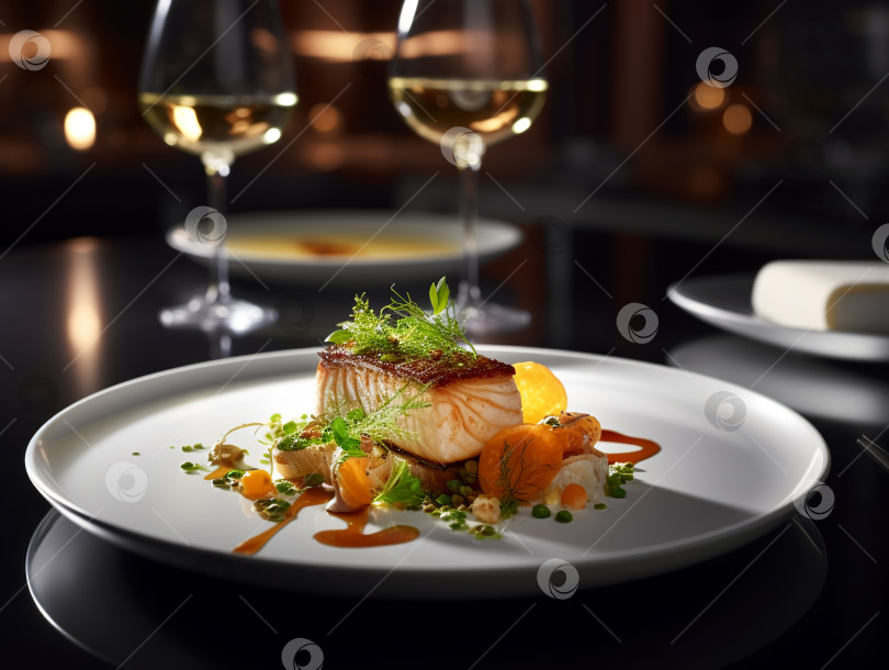 Скачать Белая ресторанная тарелка с блюдами, поданными в мишленовском стиле фотосток Ozero