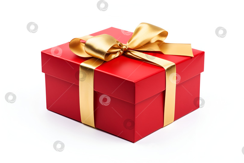 Скачать Красная подарочная коробка, перевязанная золотой лентой, на белом фоне фотосток Ozero