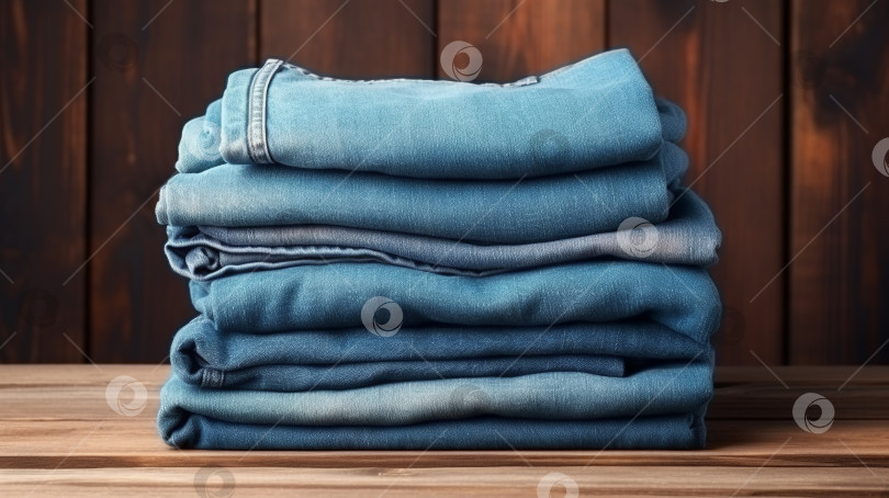 Скачать Сложенные в стопку джинсы. Концепция складывания чистых после стирки белья, стопка сложенных синих джинсов после глажки. Стопка джинсовой ткани фотосток Ozero