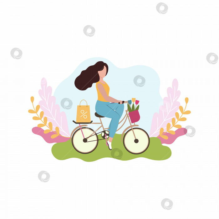 Скачать Женщина едет на велосипеде с цветами и покупками. Концепция женского дня. Векторная весенняя иллюстрация в розовом цвете. фотосток Ozero