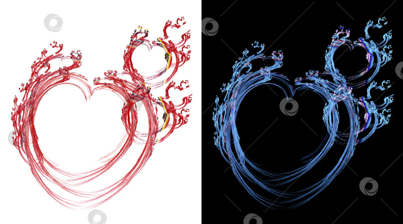 Скачать Набор абстрактных фрактальных сердечек на черно-белом фоне. Элемент графического дизайна. 3D рендеринг. 3D иллюстрация. фотосток Ozero