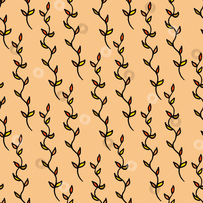 Скачать Бесшовный узор с ветвями с оранжевыми и желтыми листьями на оранжевом фоне. Векторное изображение. фотосток Ozero