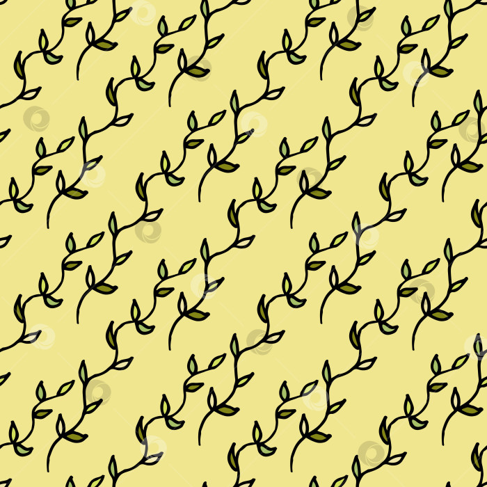 Скачать Бесшовный узор с ветвями с зелеными листьями на желтом фоне. Векторное изображение. фотосток Ozero