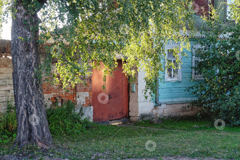 Скачать Свисающие ветви березы на фоне жилого деревянного дома. фотосток Ozero