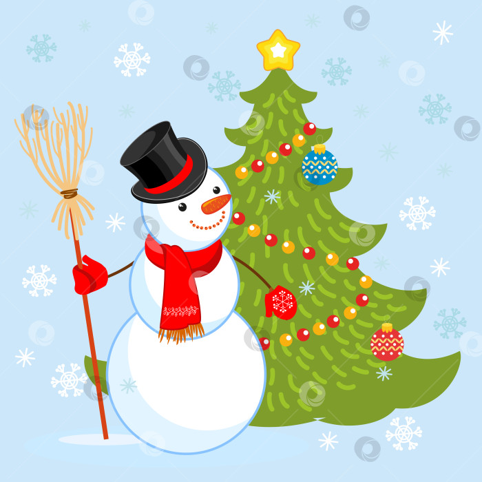 Скачать Забавный снеговик в шапке. Рождественская елка, украшенная игрушками. фотосток Ozero