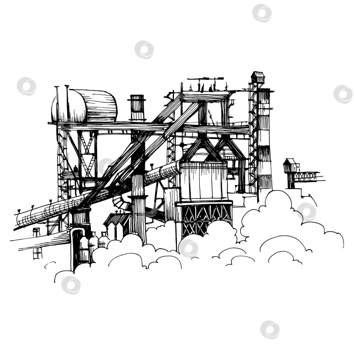 Скачать Завод по производству полимеров. Рисунок пером и тушью, вектор. фотосток Ozero
