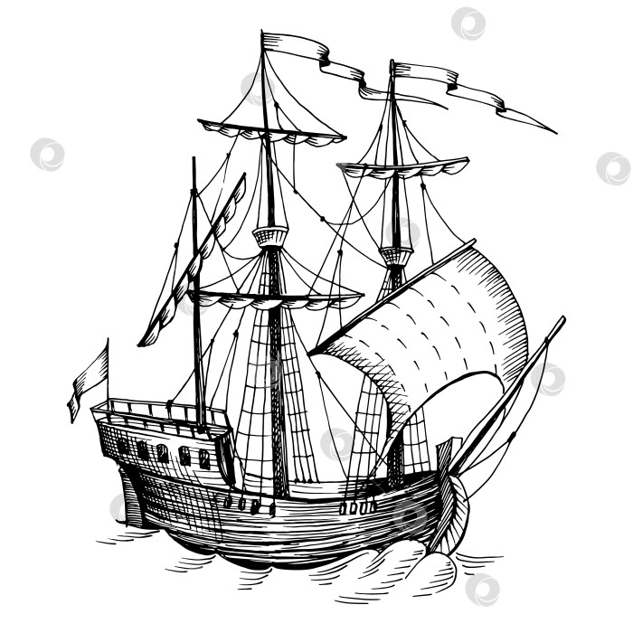 Скачать Старая винтажная парусная лодка, каравелла, нарисованный от руки векторный эскиз фотосток Ozero