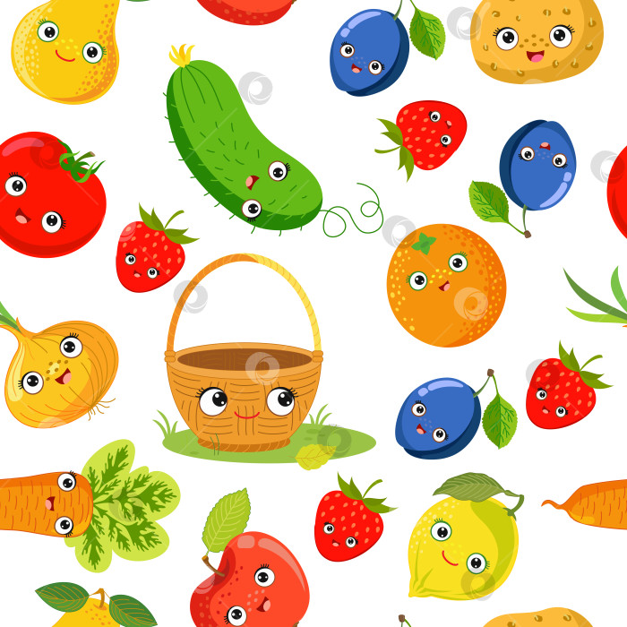 Скачать Векторный бесшовный узор. Забавные фрукты и овощи с кавайным лицом. фотосток Ozero