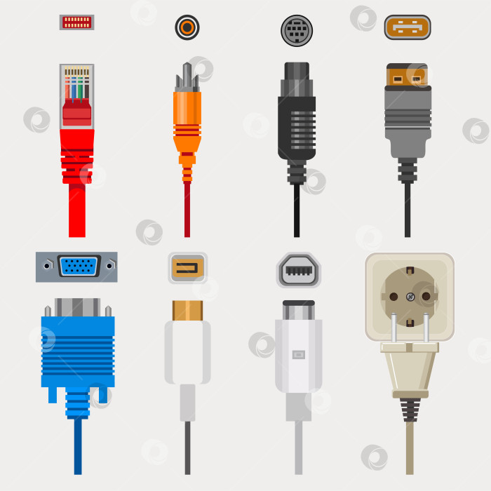 Скачать Соединительные кабели и разъемы, электропроводка и аудио- или видеоадаптеры, штекеры с изолированными векторными значками. Сетевой порт Ethernet, HDMI и DVI или RCA. Подключение электроприборов и технологических устройств фотосток Ozero