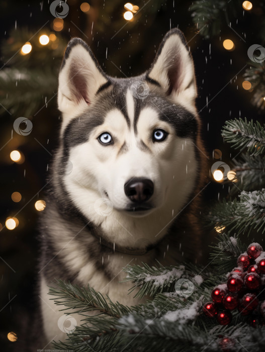 Скачать собака породы сибирский хаски среди украшенных рождественских елок фотосток Ozero
