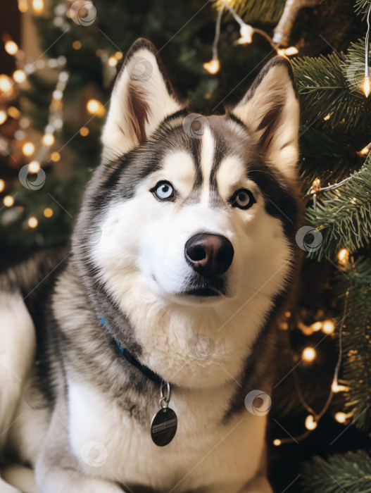 Скачать собака породы сибирский хаски лежит рядом с рождественской елкой фотосток Ozero