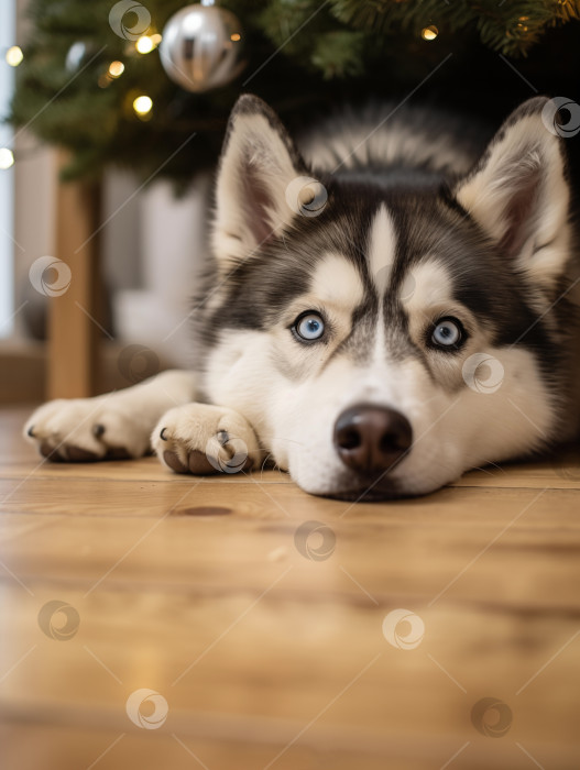 Скачать собака породы сибирский хаски лежит под рождественской елкой фотосток Ozero