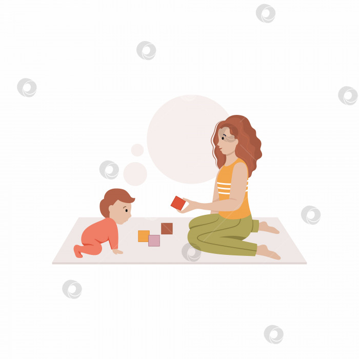 Скачать Мама сидит на полу и играет с ребенком в кубики. Векторная иллюстрация в плоском стиле фотосток Ozero
