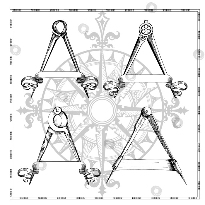 Скачать Древний циркуль, компас-метр, измерительный прибор. Нарисованный от руки эскиз. Элемент декорирования старинной географической карты. фотосток Ozero