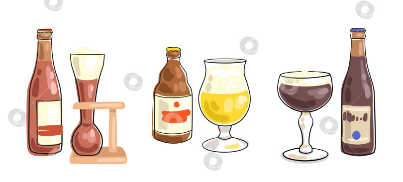 Скачать Набор из трех бутылок бельгийского пива и пивных бокалов. Рисунок в линейном стиле. Черный контур с цветными пятнами фотосток Ozero